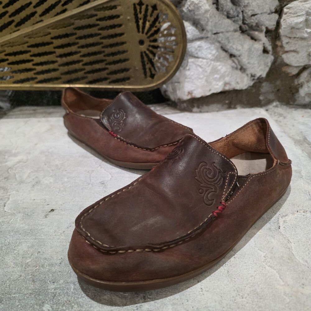 Olukai Nohea Nubuck Women Size 8 Brown Leather Orthopedic Slip On Shoe